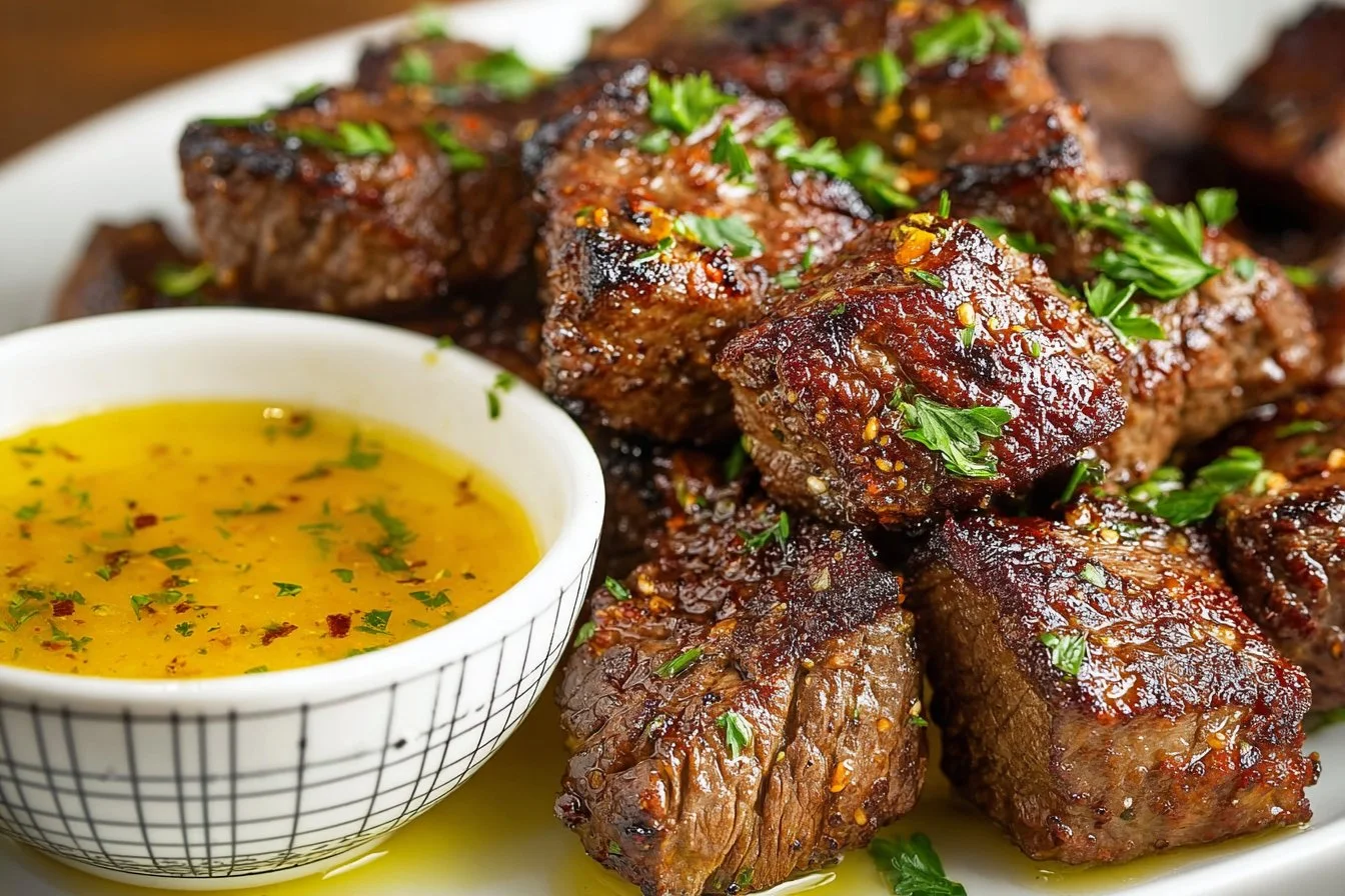 Air fryer steak bites, juicy and perfectly cooked steak chunks, ready to serve.