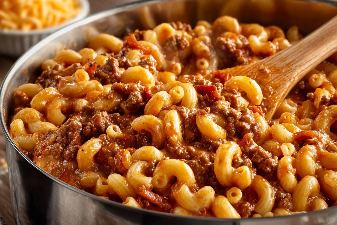 Bacon Cheeseburger Pasta dish topped with cheese and crispy bacon