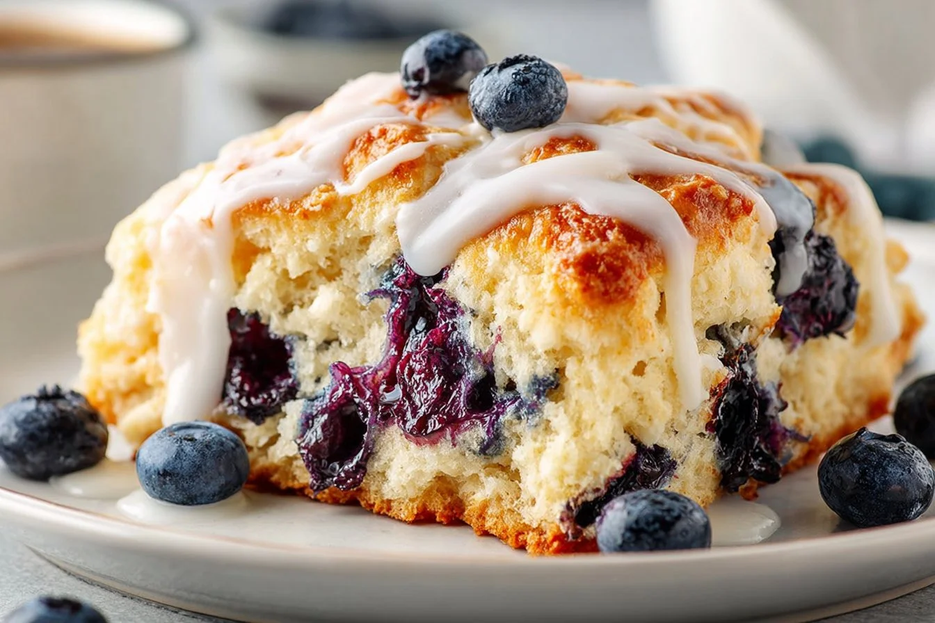 Freshly baked blueberry biscuits on a rustic wooden table