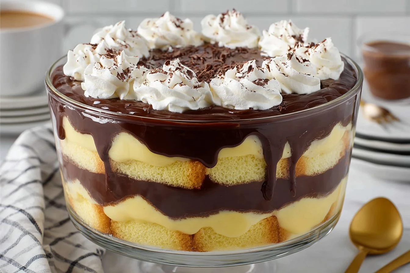 Boston Cream Pie Trifle with layers of cream and chocolate in a glass dish