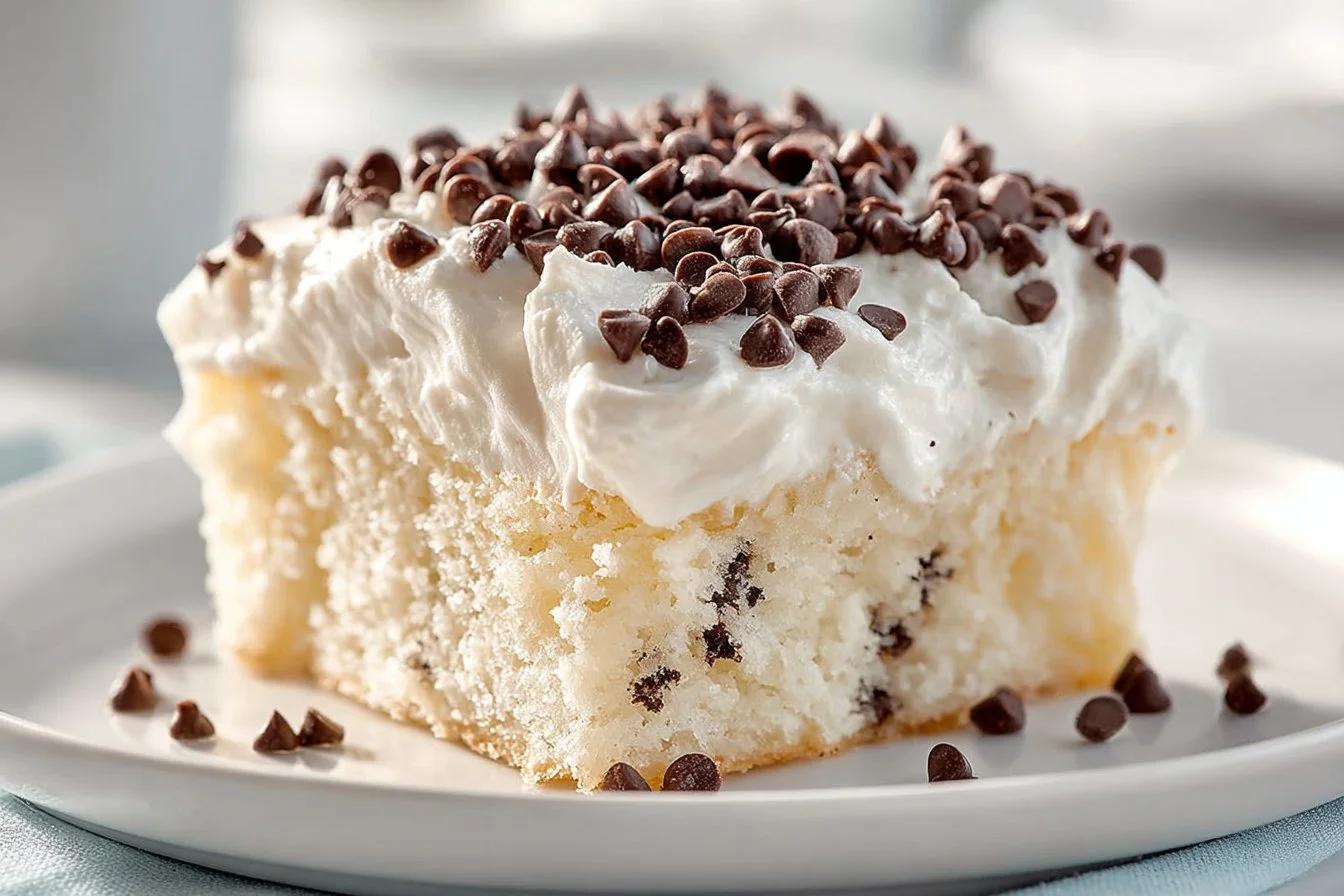 Delicious cannoli poke cake topped with cream and chocolate chips