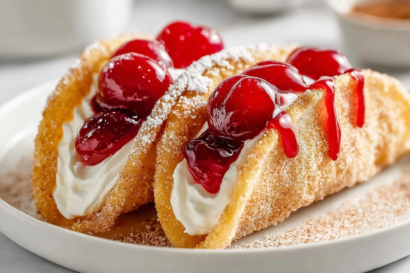 Cherry cheesecake tacos with a creamy filling and cherry topping