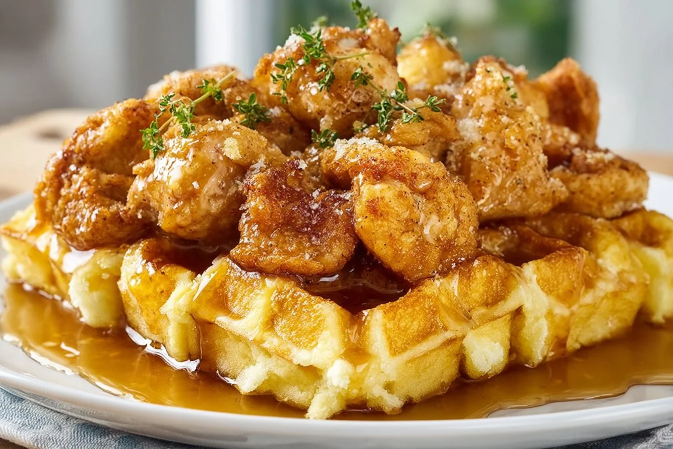 Delicious Chicken and Waffle Casserole topped with syrup and served on a plate.