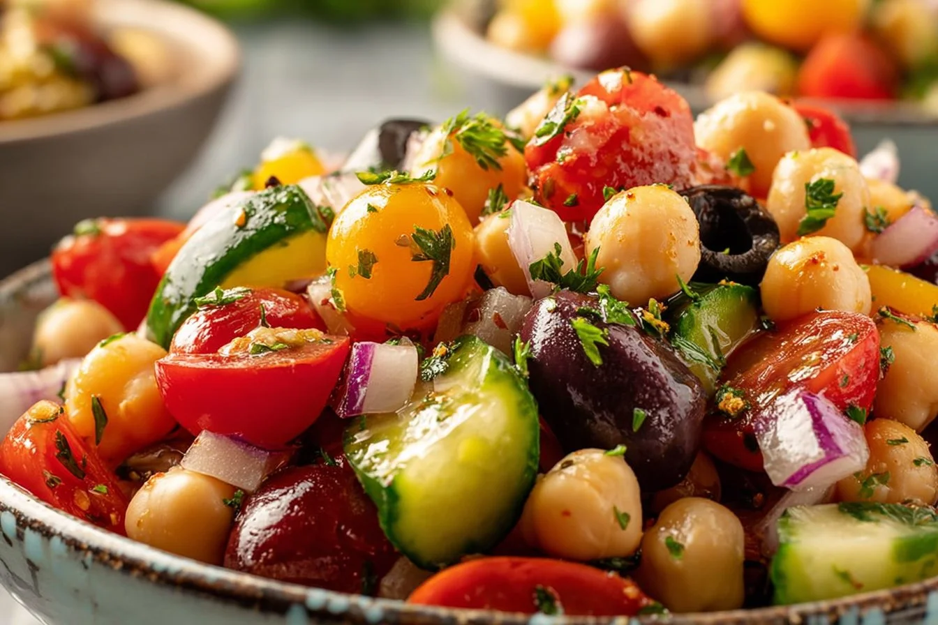 Colorful chickpea salad with fresh vegetables and herbs in a bowl