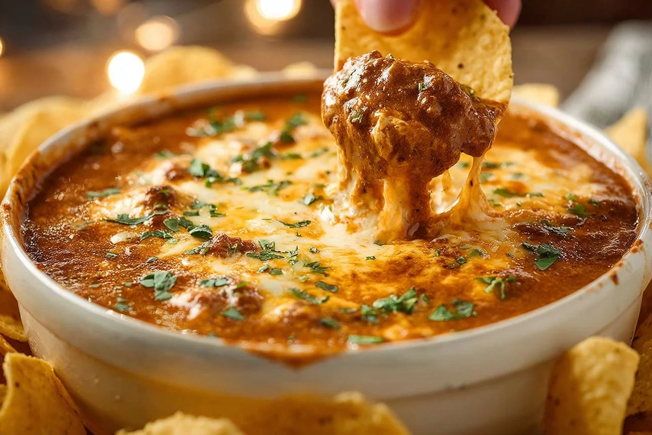Bowl of savory Chili Cheese Dip served with tortilla chips