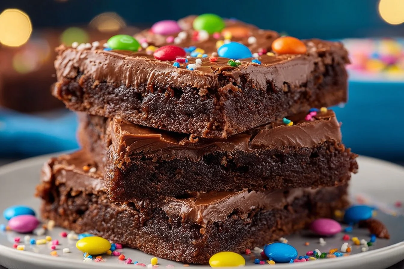 Delicious Cosmic Brownies topped with colorful sprinkles and rich chocolate frosting.