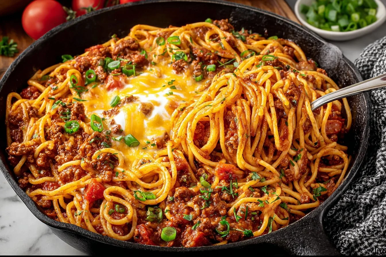 Delicious Cowboy Spaghetti served with fresh ingredients in a rustic setting.