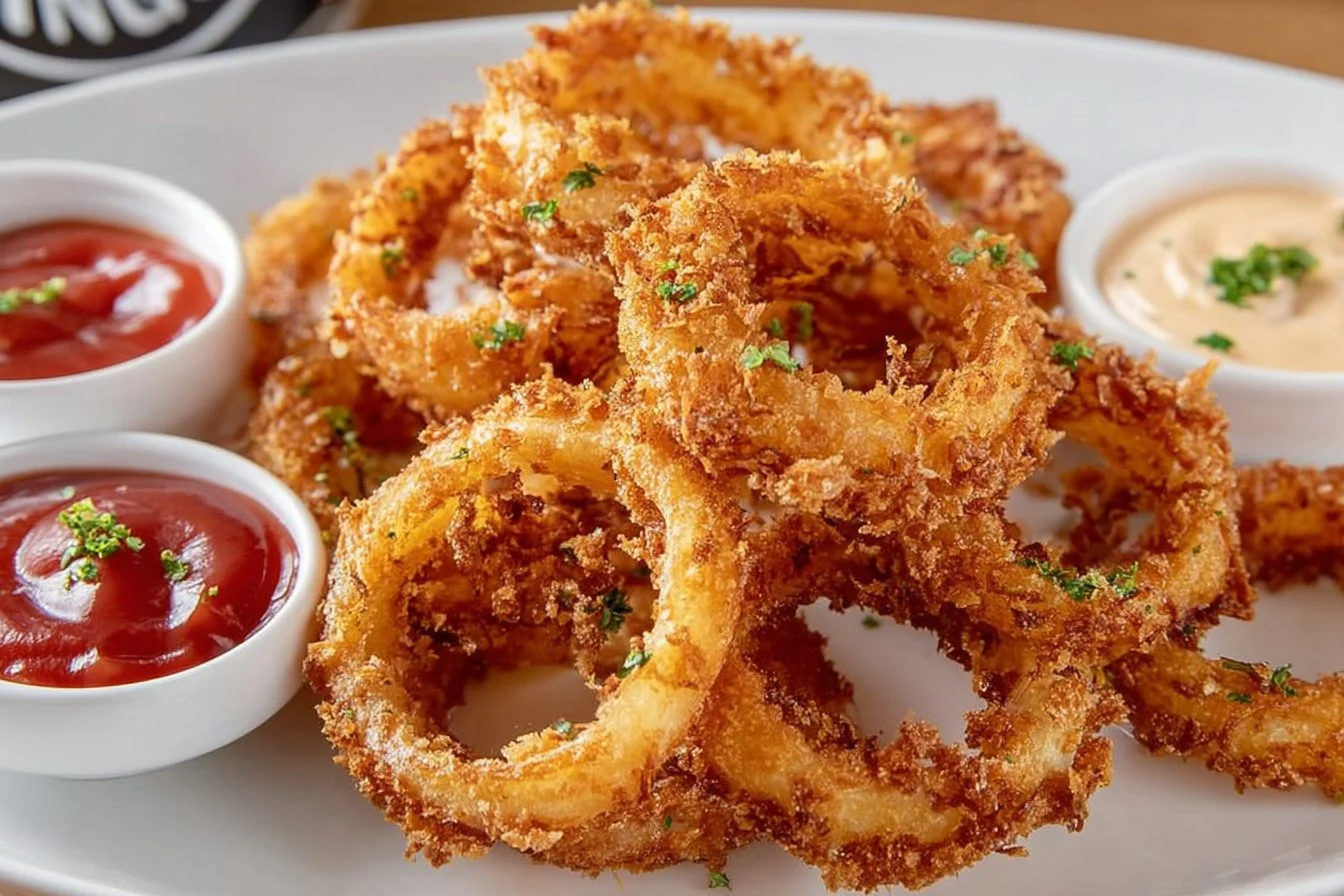 Crispy golden onion rings served on a plate, perfect for dipping.