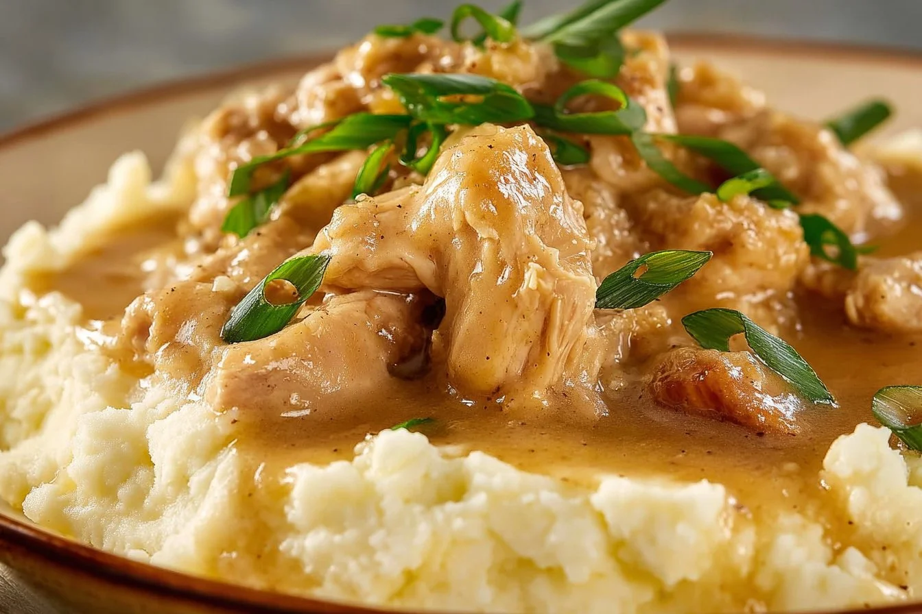Delicious crockpot chicken and gravy served on a plate