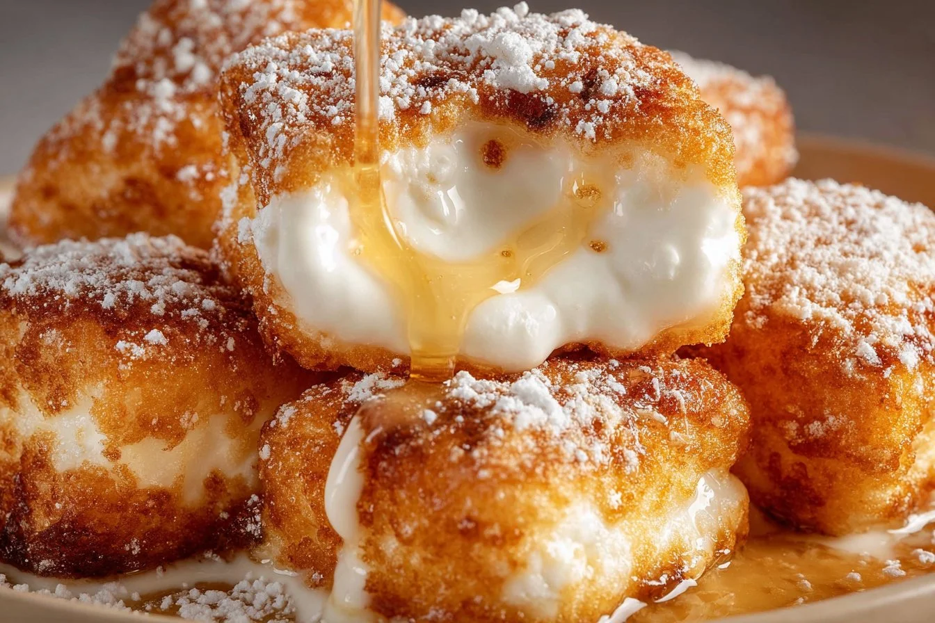 Plate of delicious deep fried marshmallows drizzled with chocolate sauce.