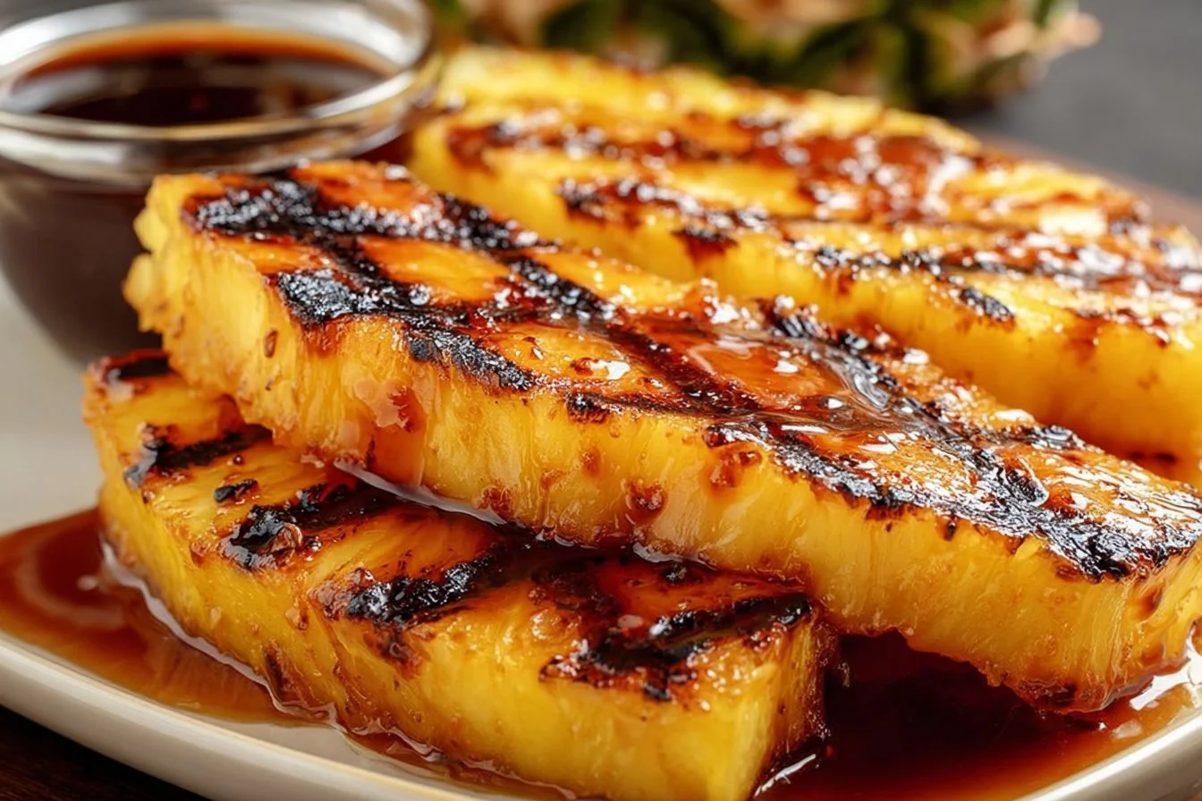 Delicious brown sugar grilled pineapple slices on a barbecue grill