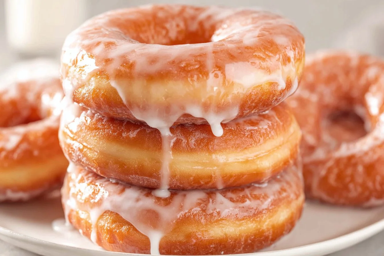 Freshly made homemade donuts with icing and sprinkles on a plate.