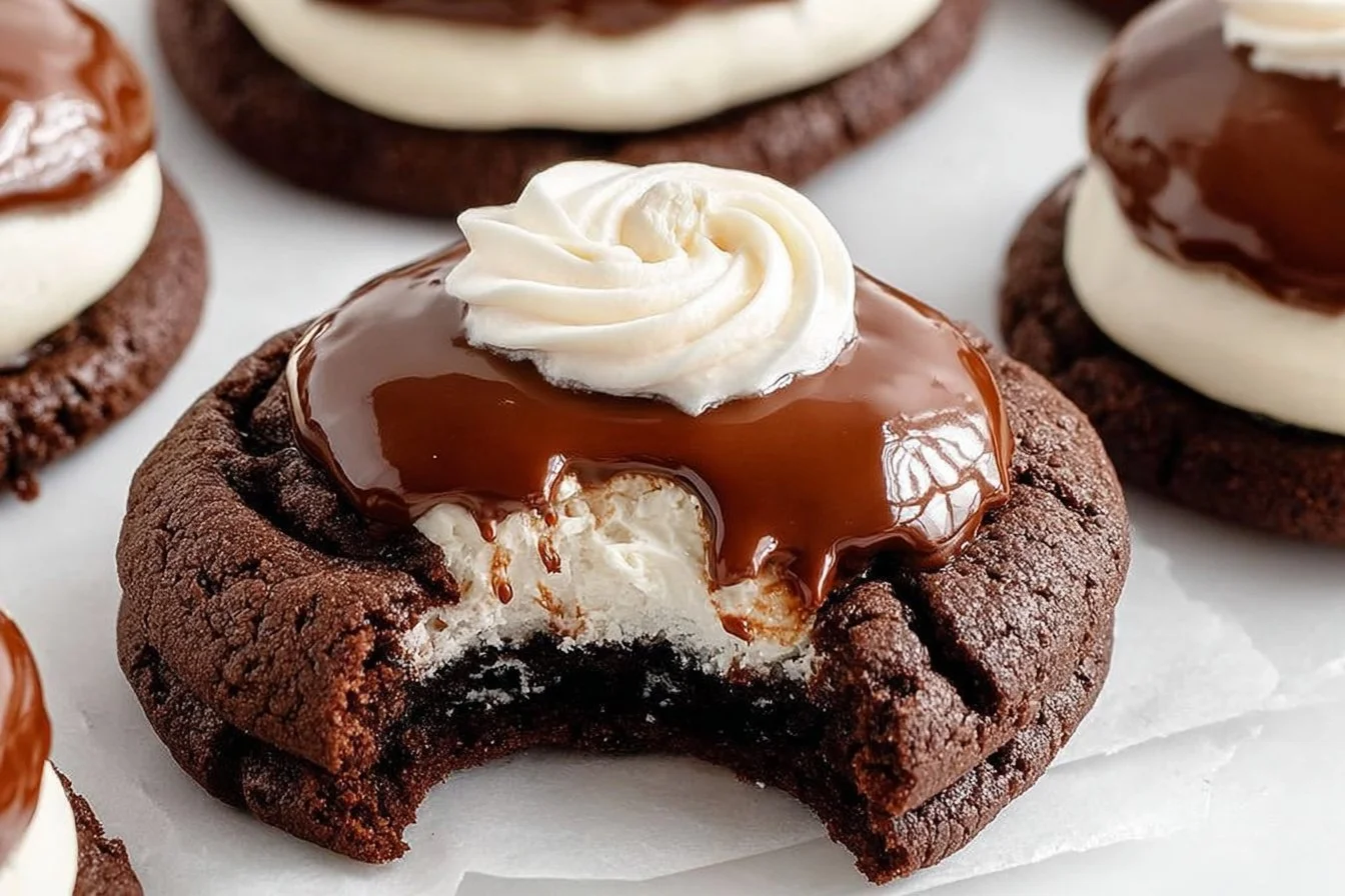 Delicious Hostess Cupcake Cookies topped with creamy frosting and chocolate