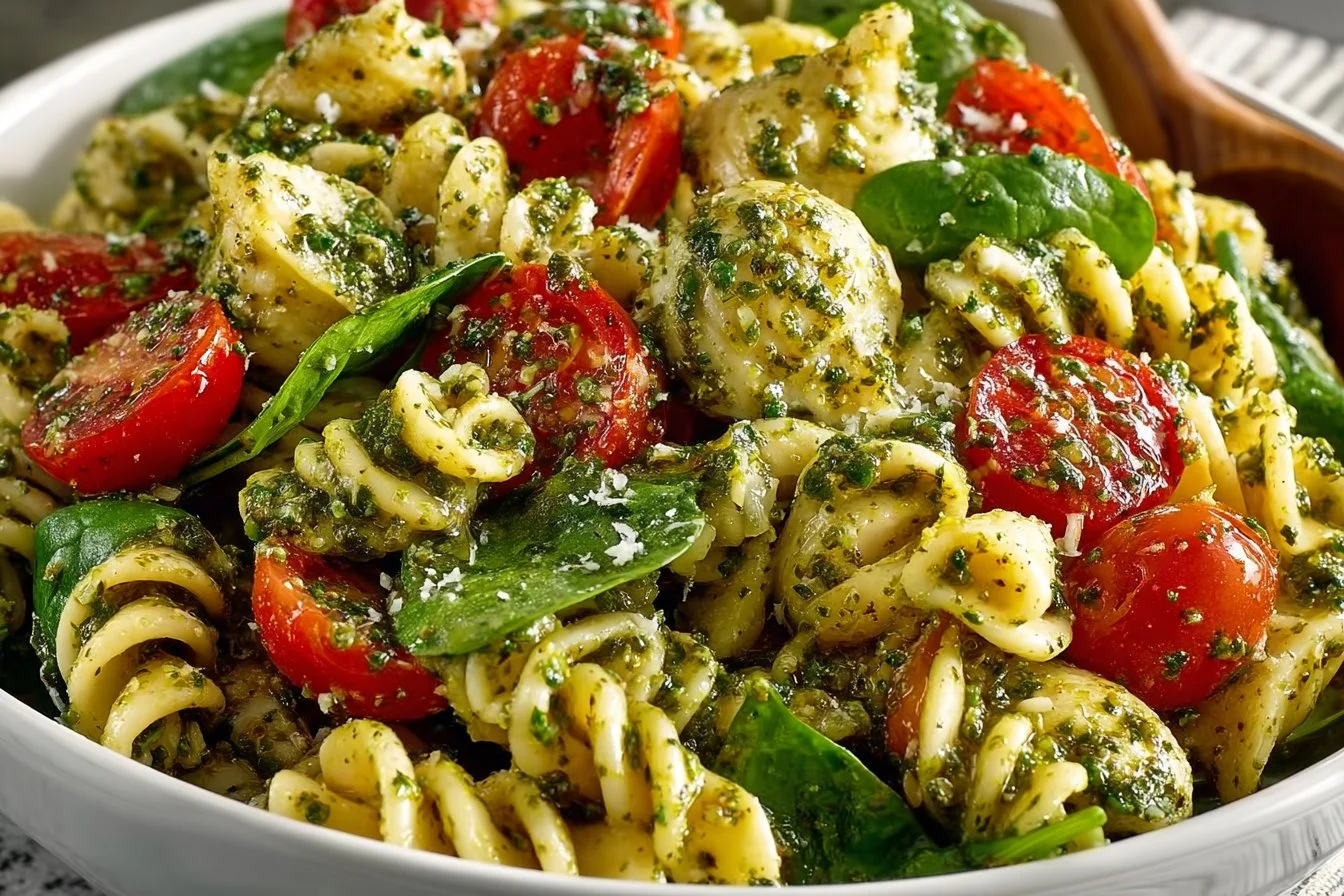 A bowl of delicious pesto pasta salad with fresh vegetables and herbs.