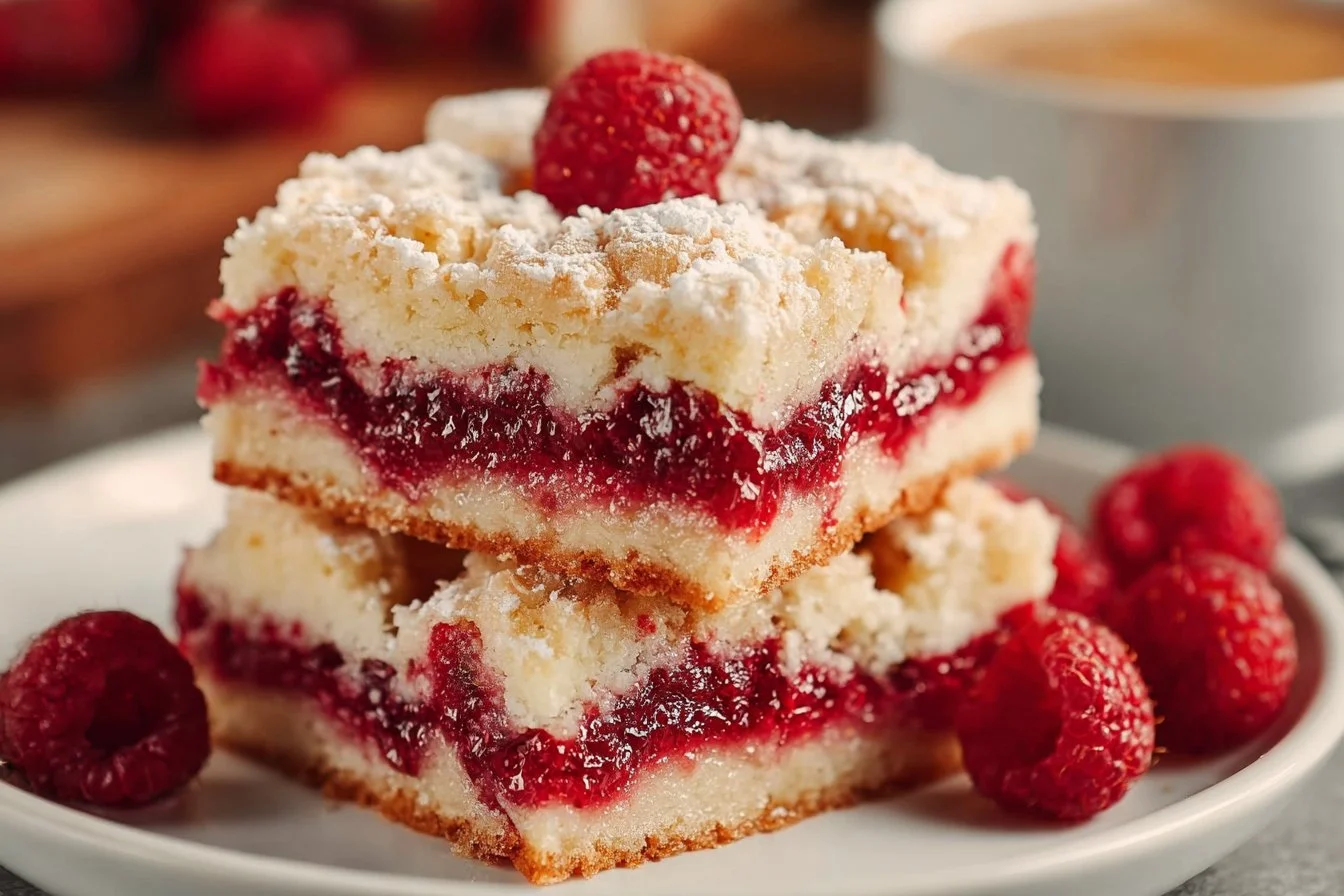 Delicious raspberry squares fresh from the oven, bursting with flavor.