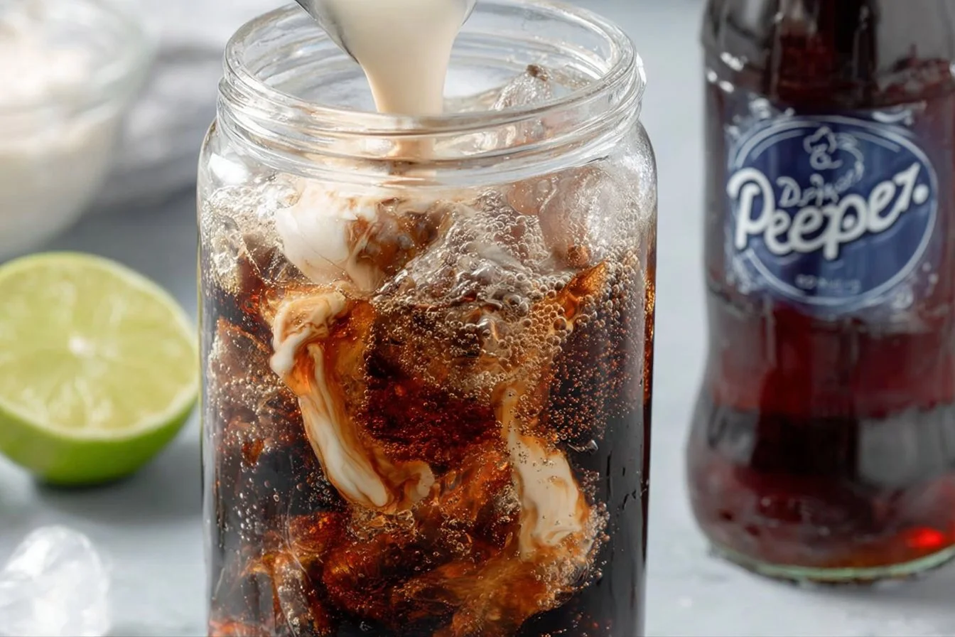 A refreshing Dirty Dr Pepper drink served with ice and garnished with lime.