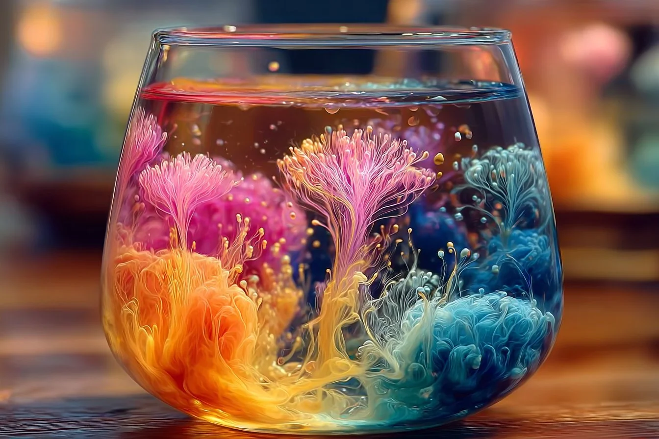Colorful fireworks display inside a decorative cup design