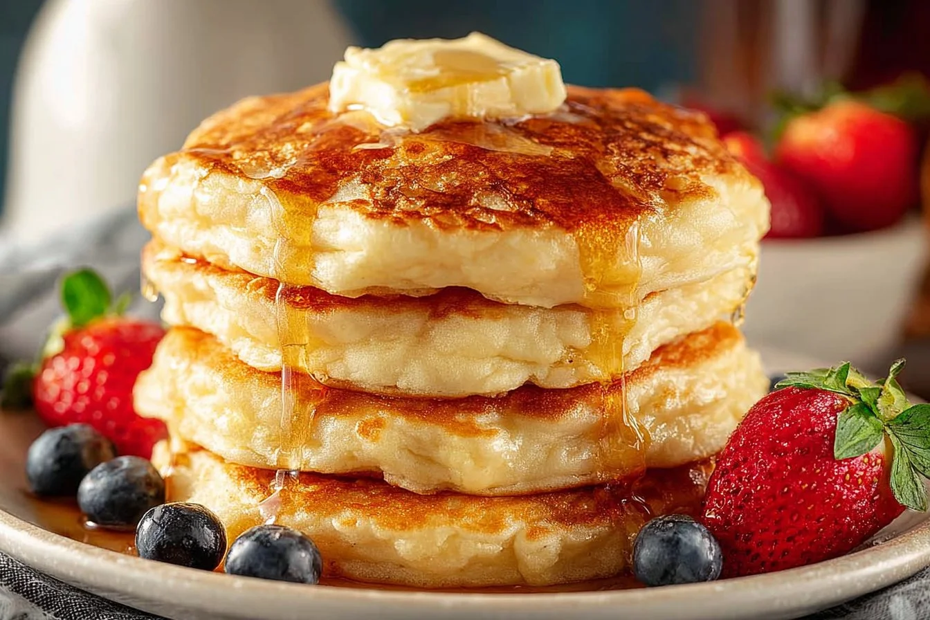 Fluffy Pancake Delight served with syrup and berries on a plate.