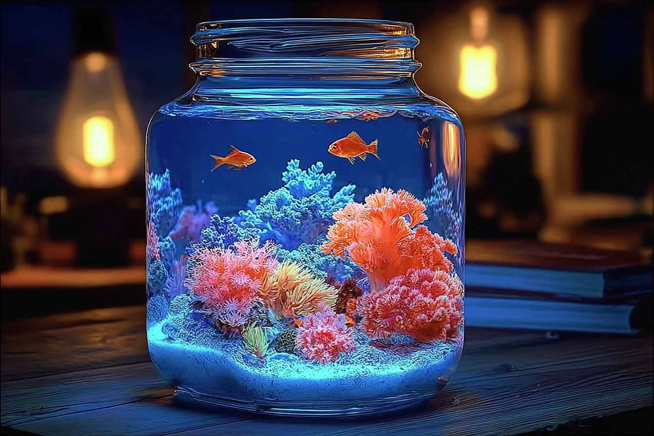 A glowing ocean jar filled with luminous decor, reflecting waves and underwater wonders.