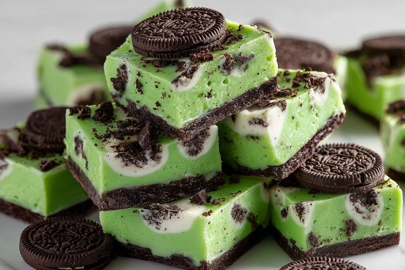 Decadent Grasshopper Fudge topped with mint for a delightful dessert
