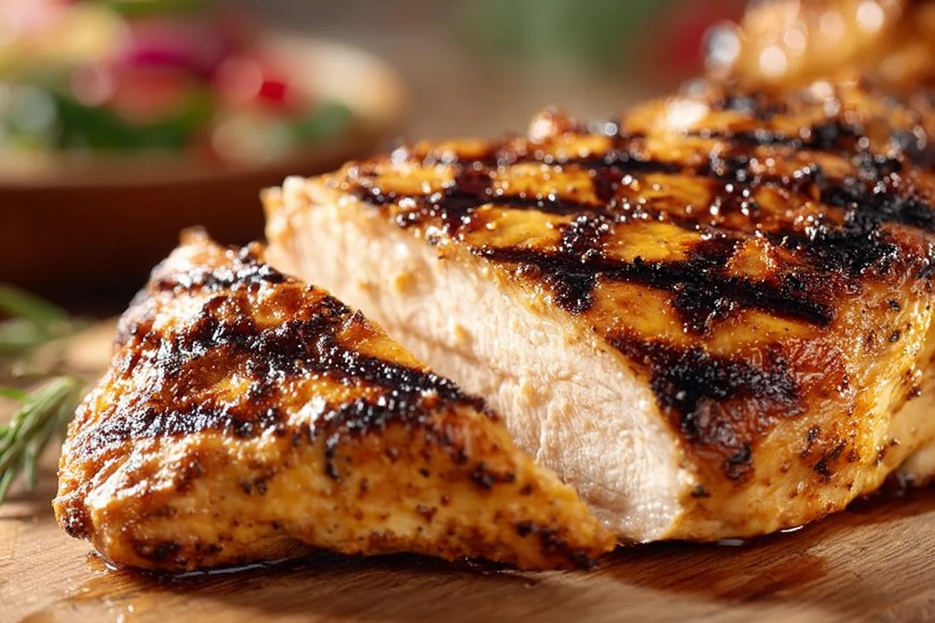 Juicy grilled chicken breasts garnished with herbs on a plate