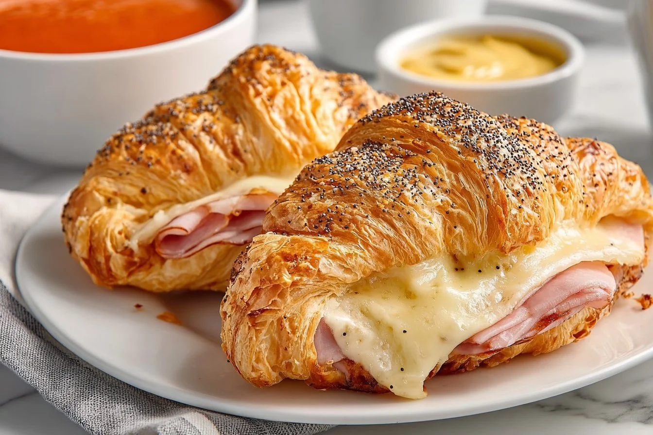 Flaky Ham and Cheese Croissants with melted cheese and ham filling
