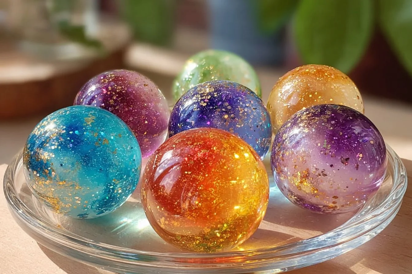 A colorful homemade super bouncy ball on a table.