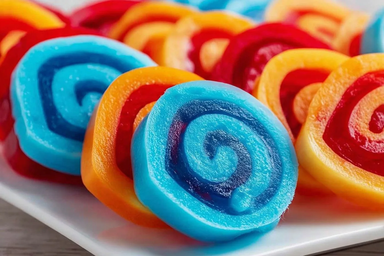 Colorful Jello Pinwheels arranged on a platter for a festive dessert
