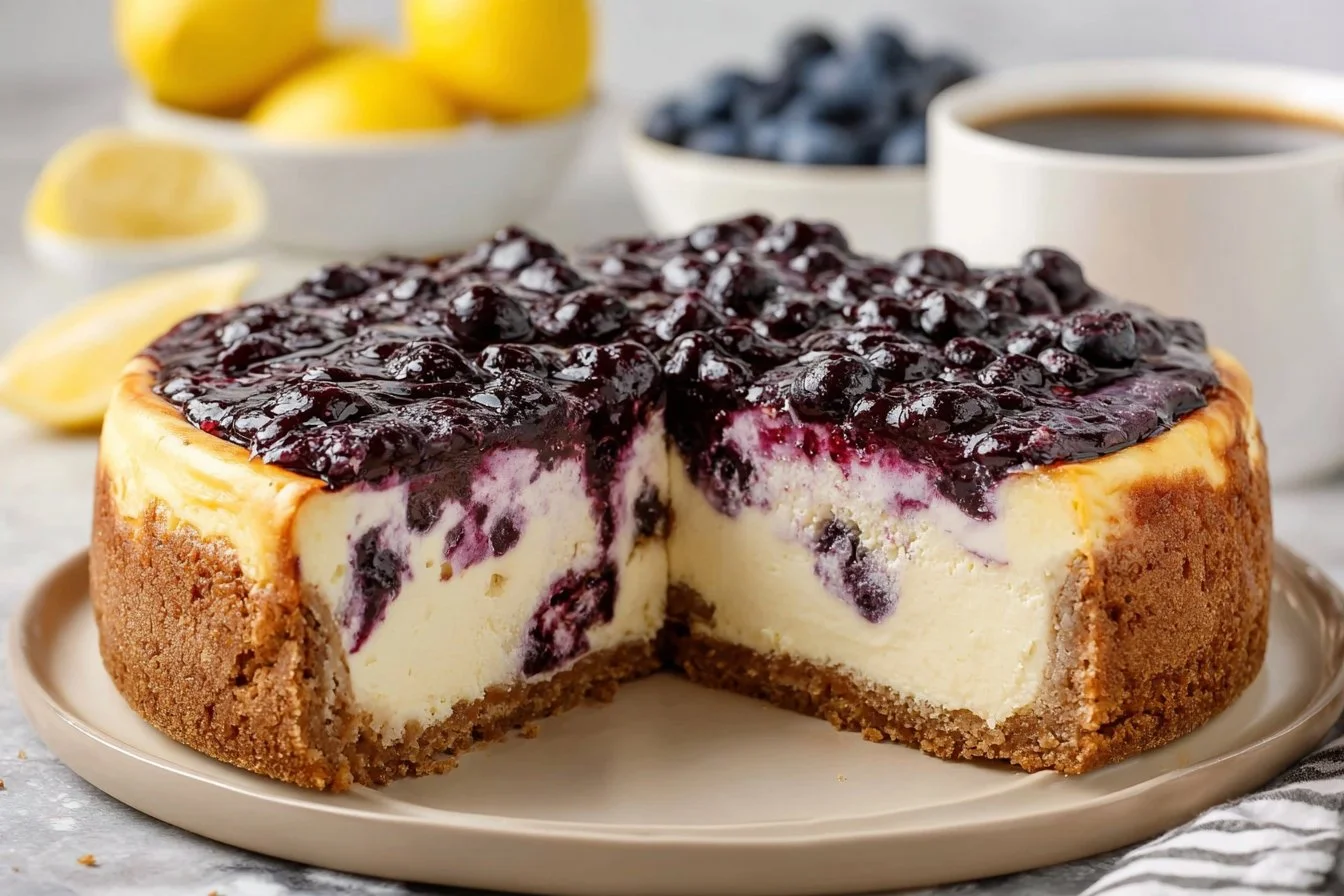 Delicious Lemon Blueberry Cheesecake topped with fresh blueberries
