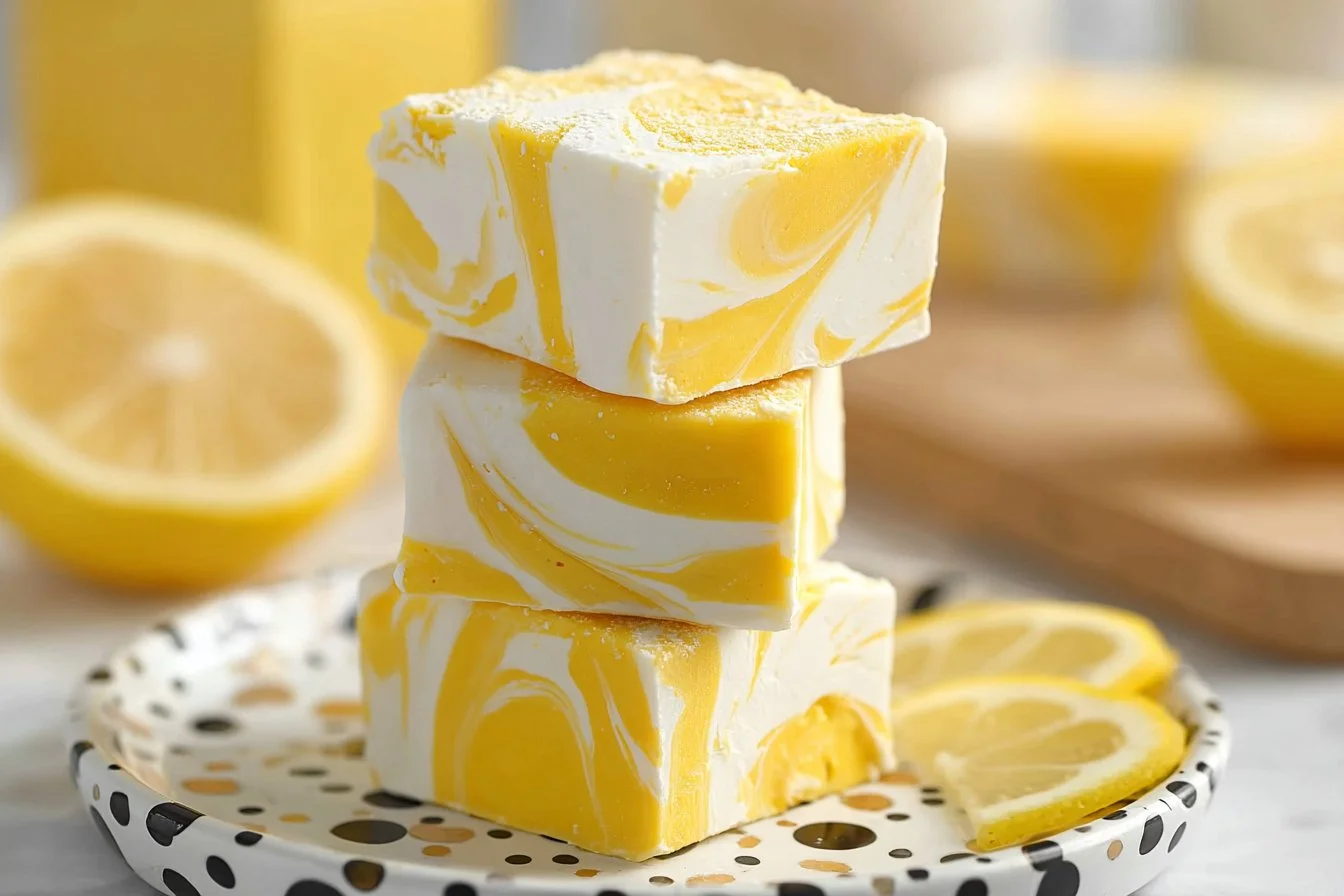Delicious lemon fudge dessert with a bright yellow color and lemon zest garnish.