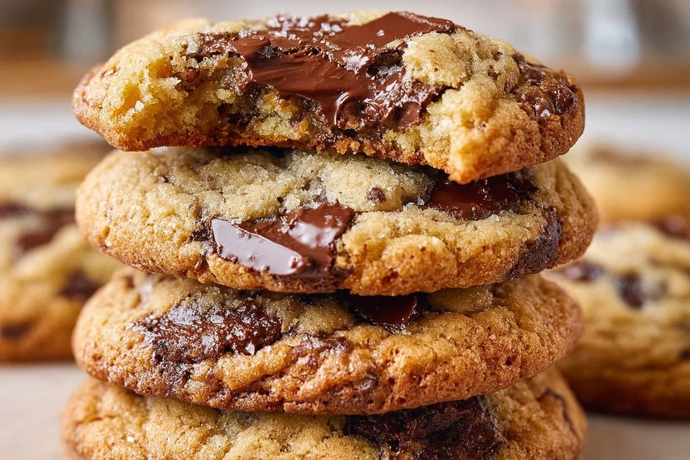 Delicious ooey gooey cookies stacked on a plate, warm and fresh from the oven.