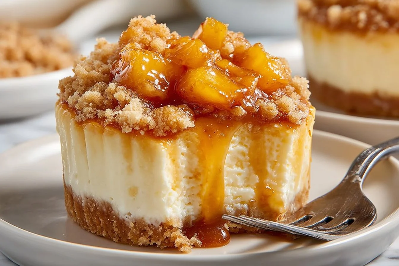 Peach Cobbler Cheesecake Bites served on a decorative plate