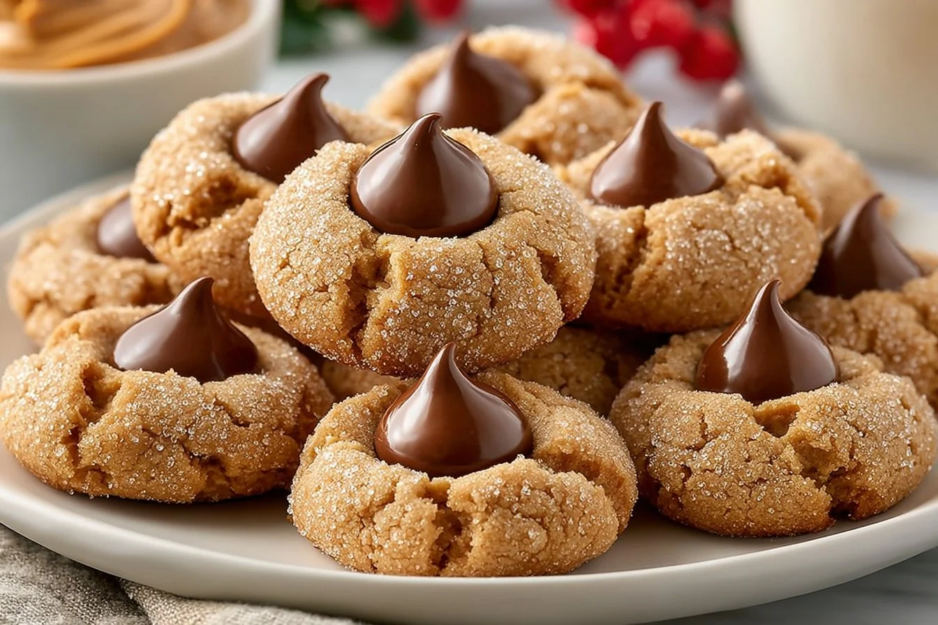 Delicious Peanut Butter Blossoms topped with chocolate kisses on a cooling rack