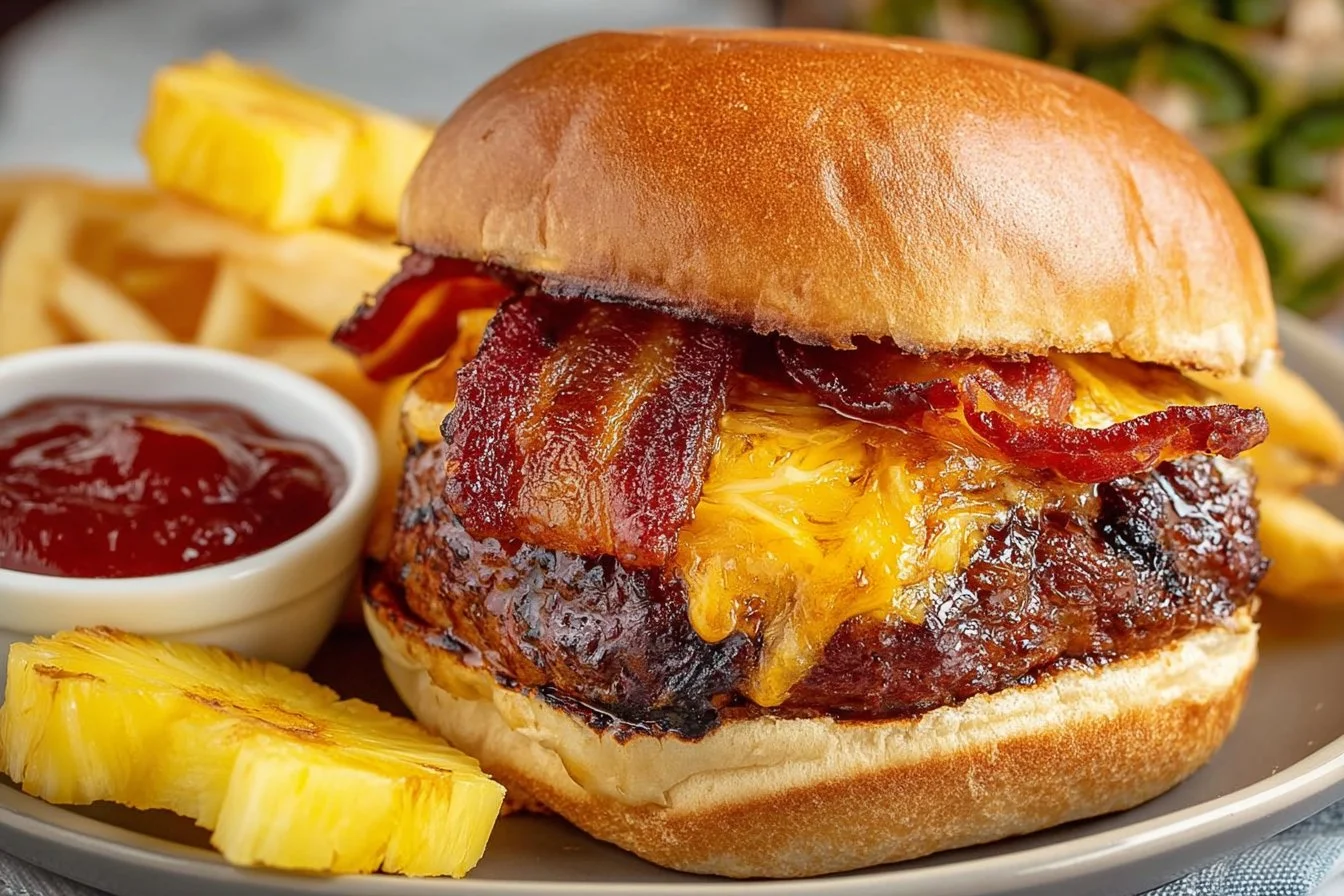 Delicious Pineapple Bacon Burger with crispy bacon and grilled pineapple slice