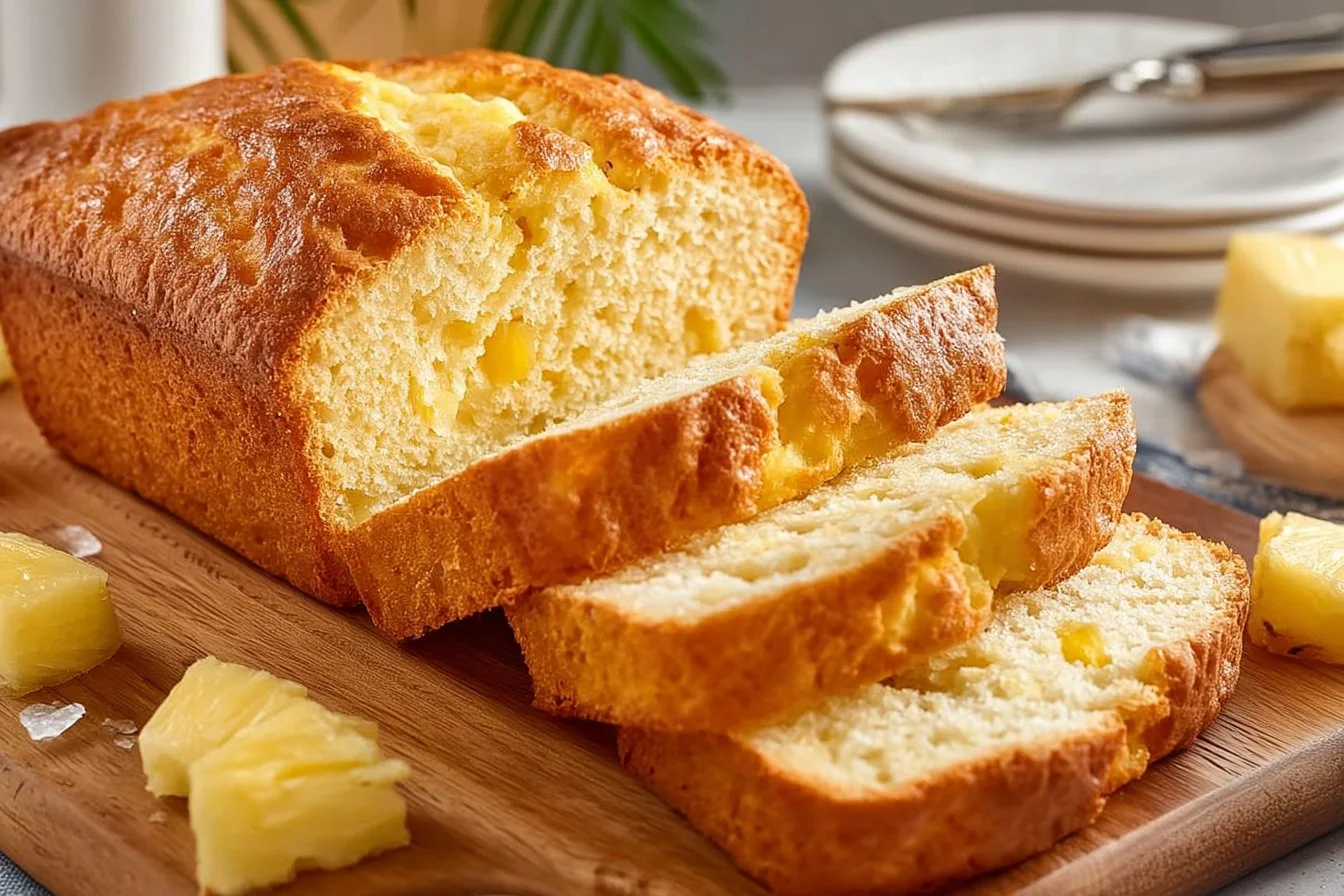 Freshly baked pineapple quick bread on a wooden cutting board