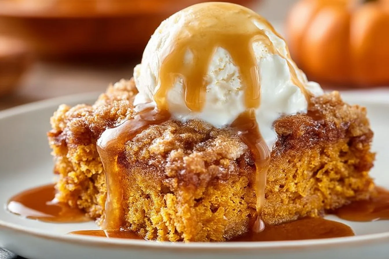 Delicious Pumpkin Dump Cake served with whipped cream and autumn spices
