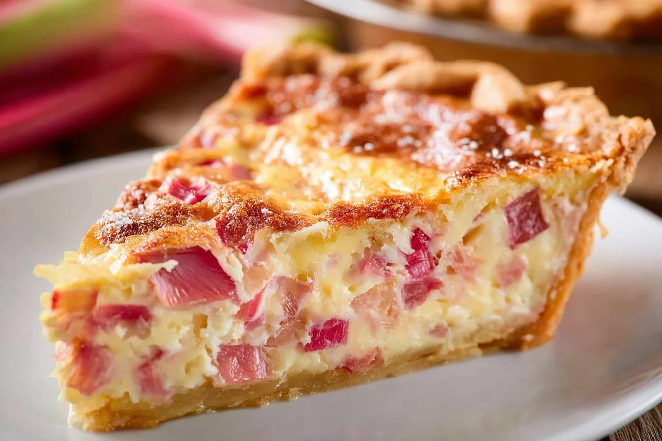 Delicious slice of rhubarb custard pie on a plate with a fork