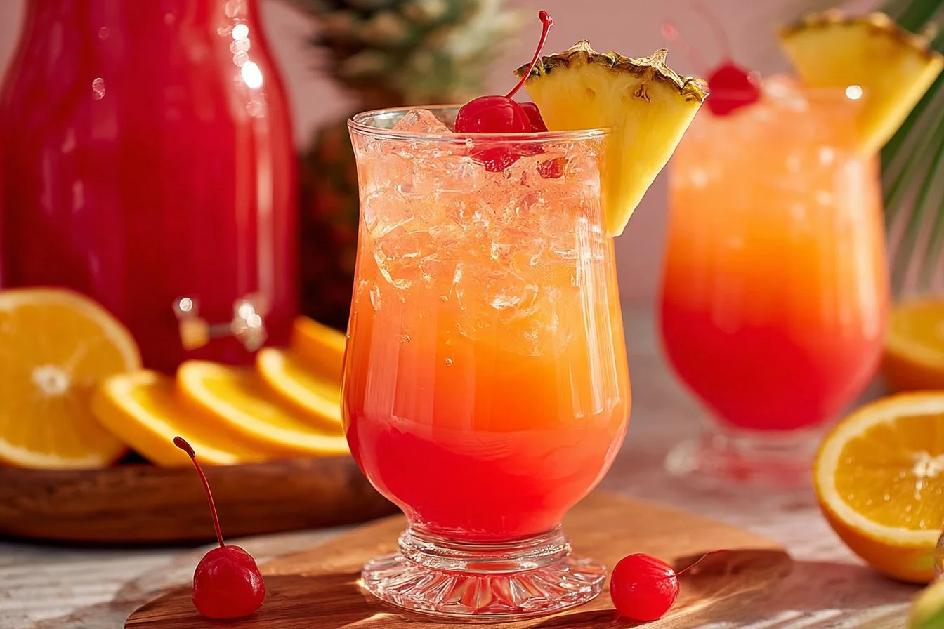 A vibrant bowl of tropical rum punch featuring fruits and colorful decorations.