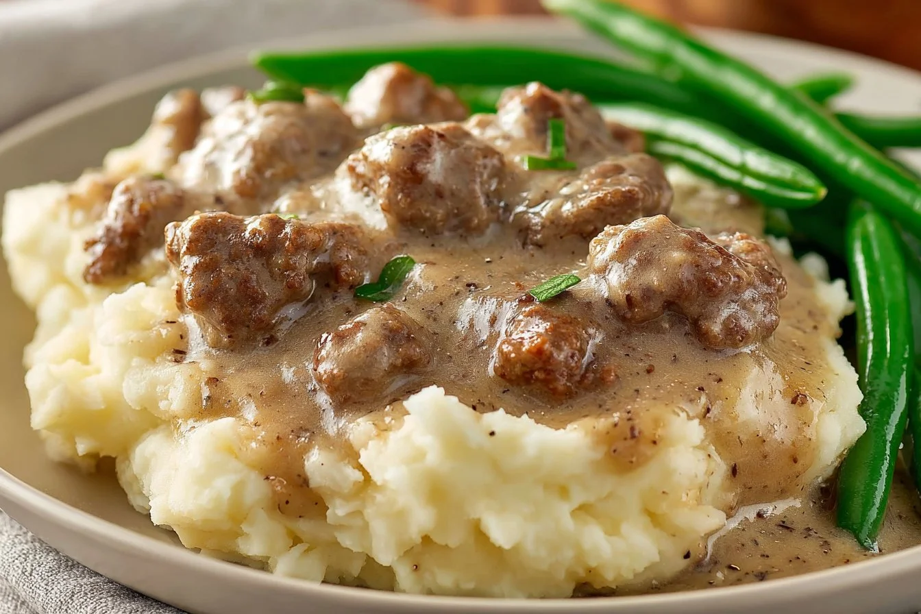 Delicious simple hamburger gravy served over mashed potatoes.