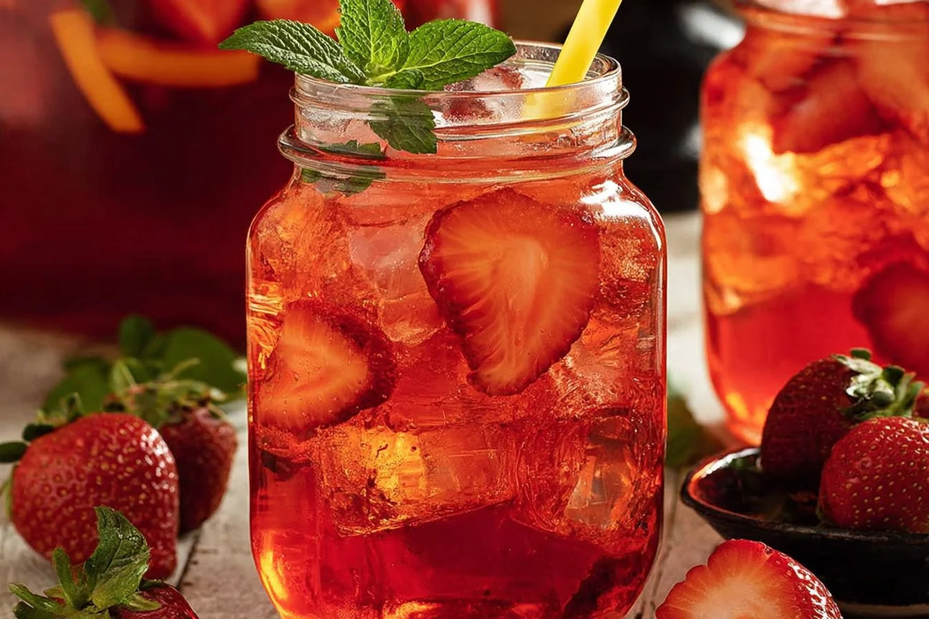 A glass of Southern Strawberry Sweet Tea garnished with fresh strawberries.