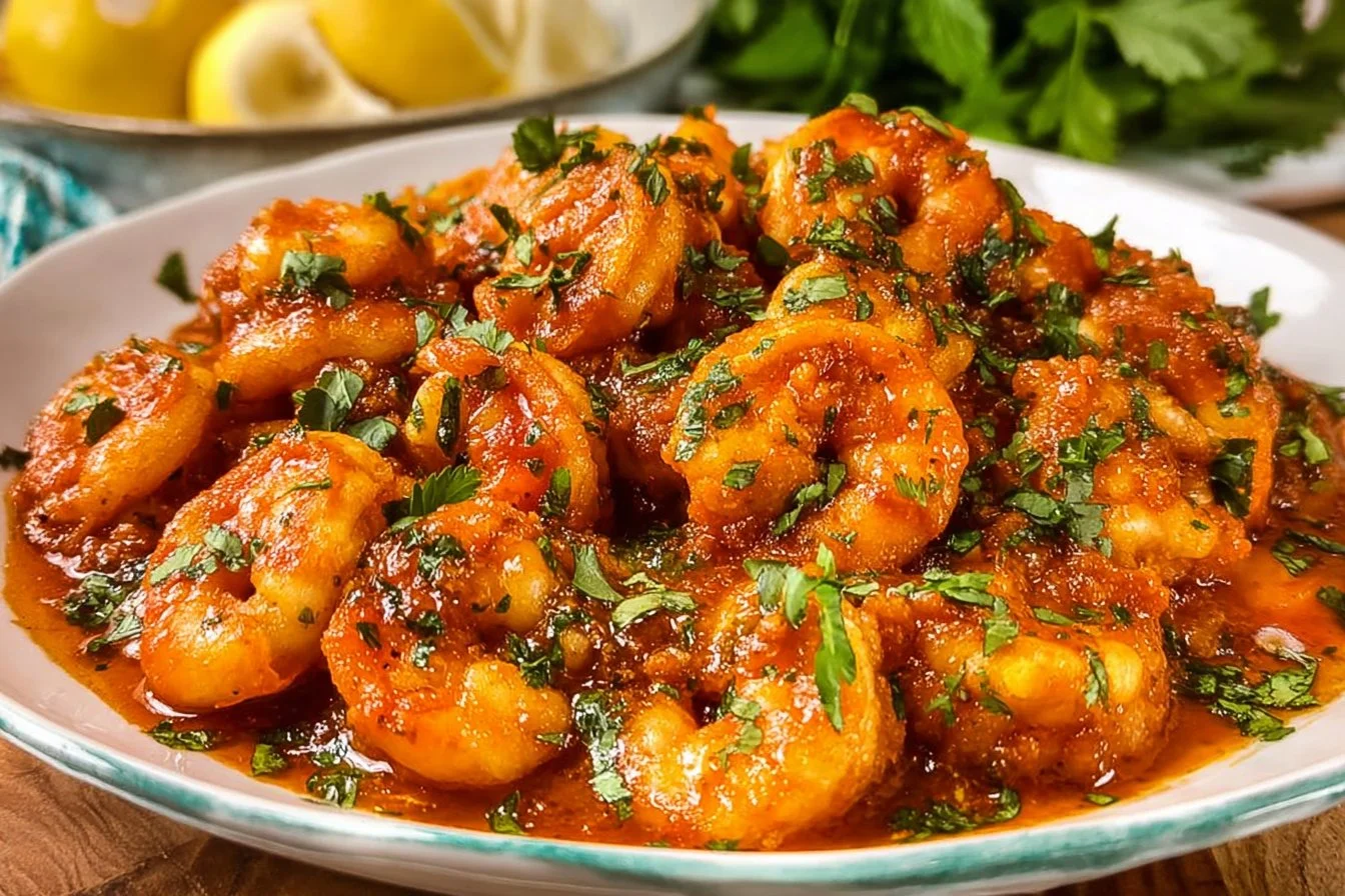 Plate of spicy garlic shrimp garnished with fresh herbs