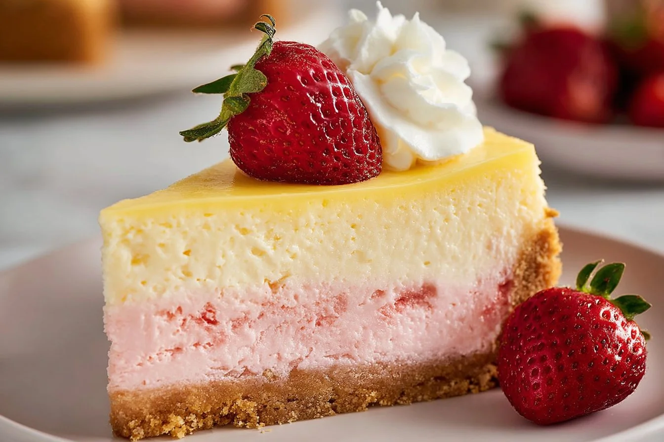 Delicious strawberries and cream cheesecake topped with fresh strawberries