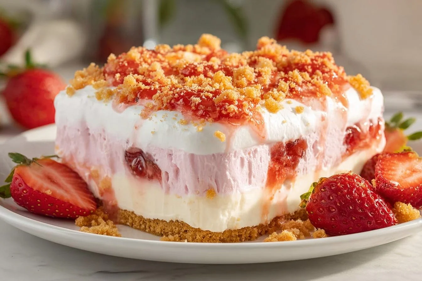 Delicious Strawberry Shortcake Ice Cream Cake with fresh strawberries and whipped cream.