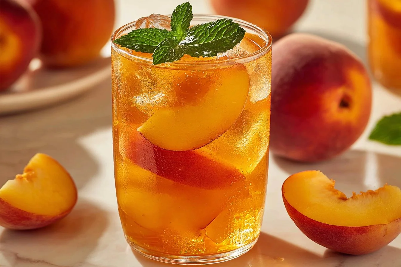 Glass of sweet peach iced tea with fresh peach slices and mint garnish