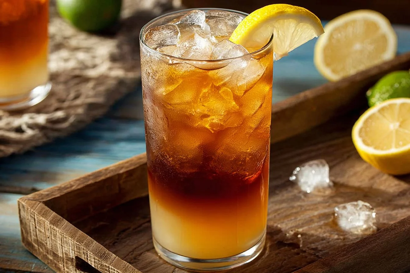Refreshing Texas Tea cocktail served over ice with a lemon slice.