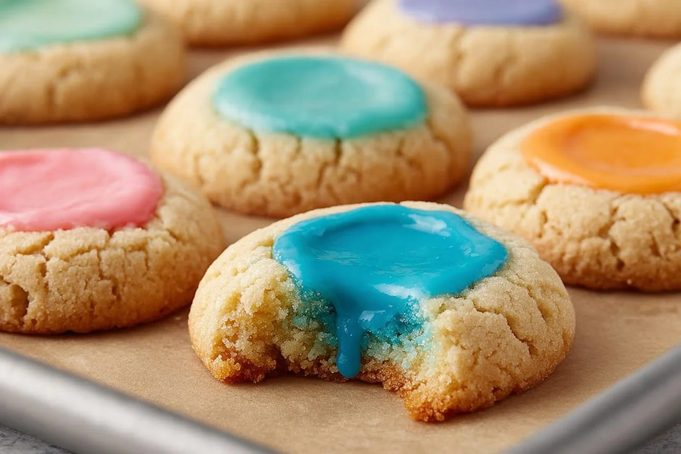 Delicious thumbprint cookies with icing and fruit filling on a wooden table