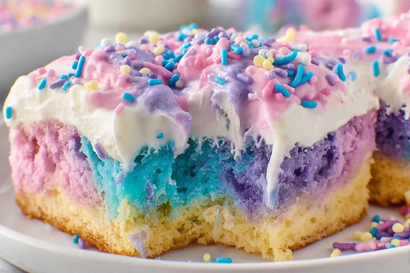 Colorful Unicorn Poke Cake topped with whipped cream and sprinkles