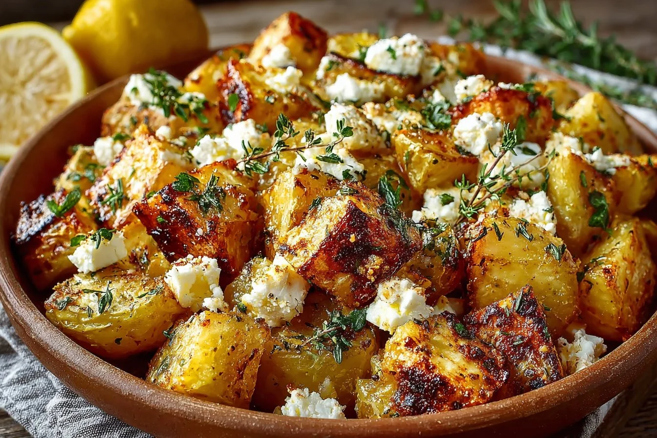 Baked feta potatoes topped with lemon, served on a plate.