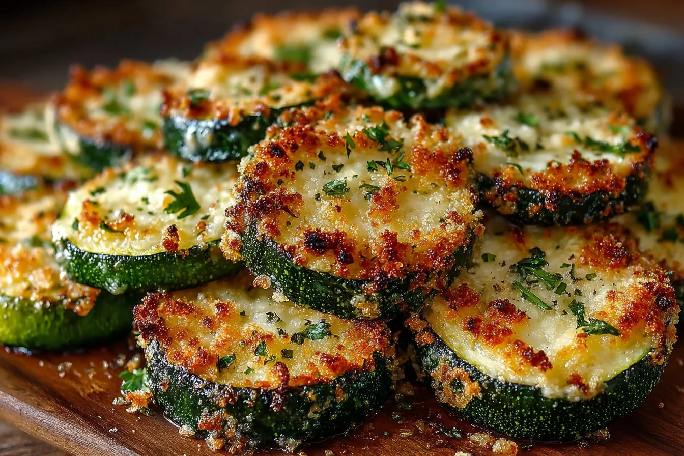 Baked Parmesan Zucchini topped with golden cheese and herbs