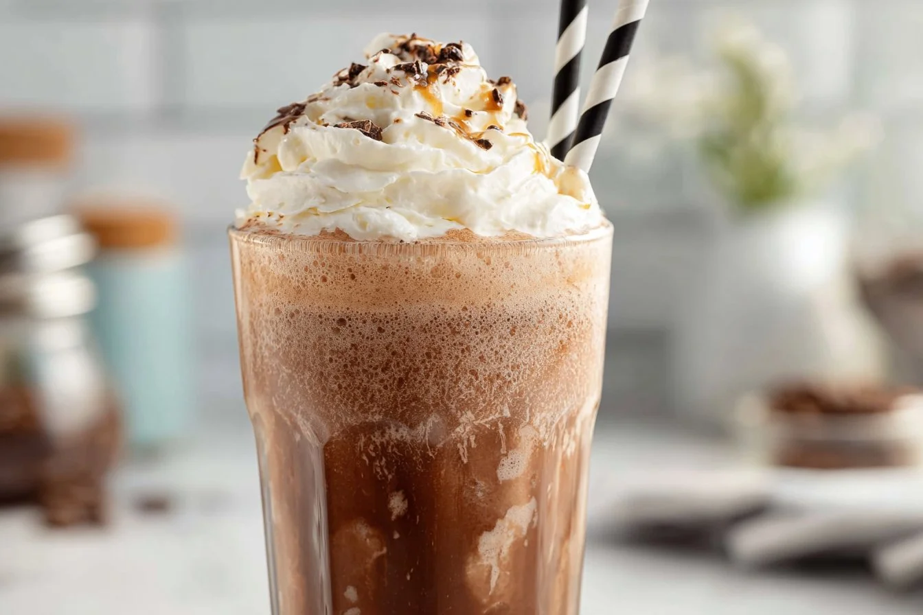 Delicious banana coffee smoothie served in a glass with banana slices and coffee beans